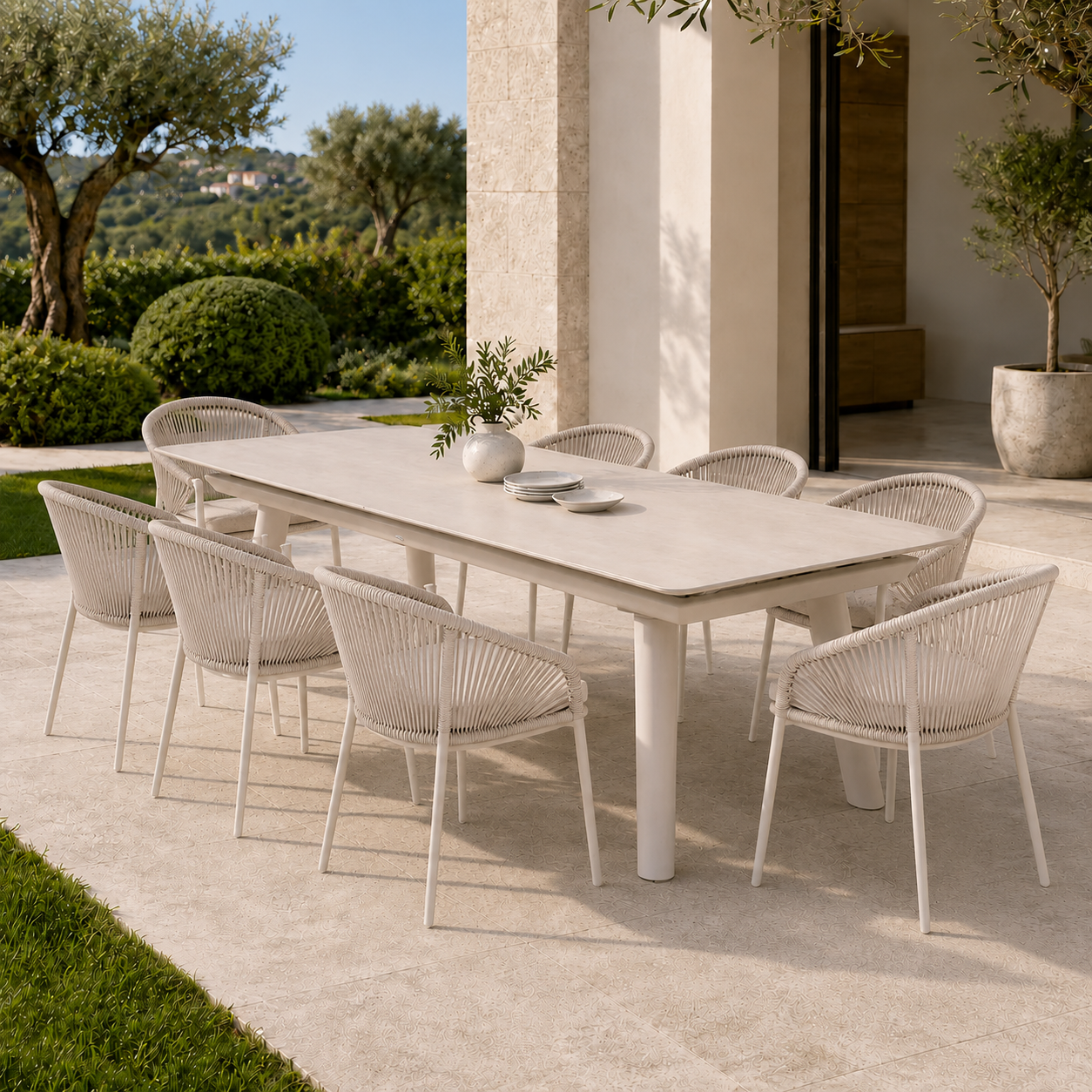 Poltrona da giardino impilabile con intreccio rattan e cuscino color clay – Oryon