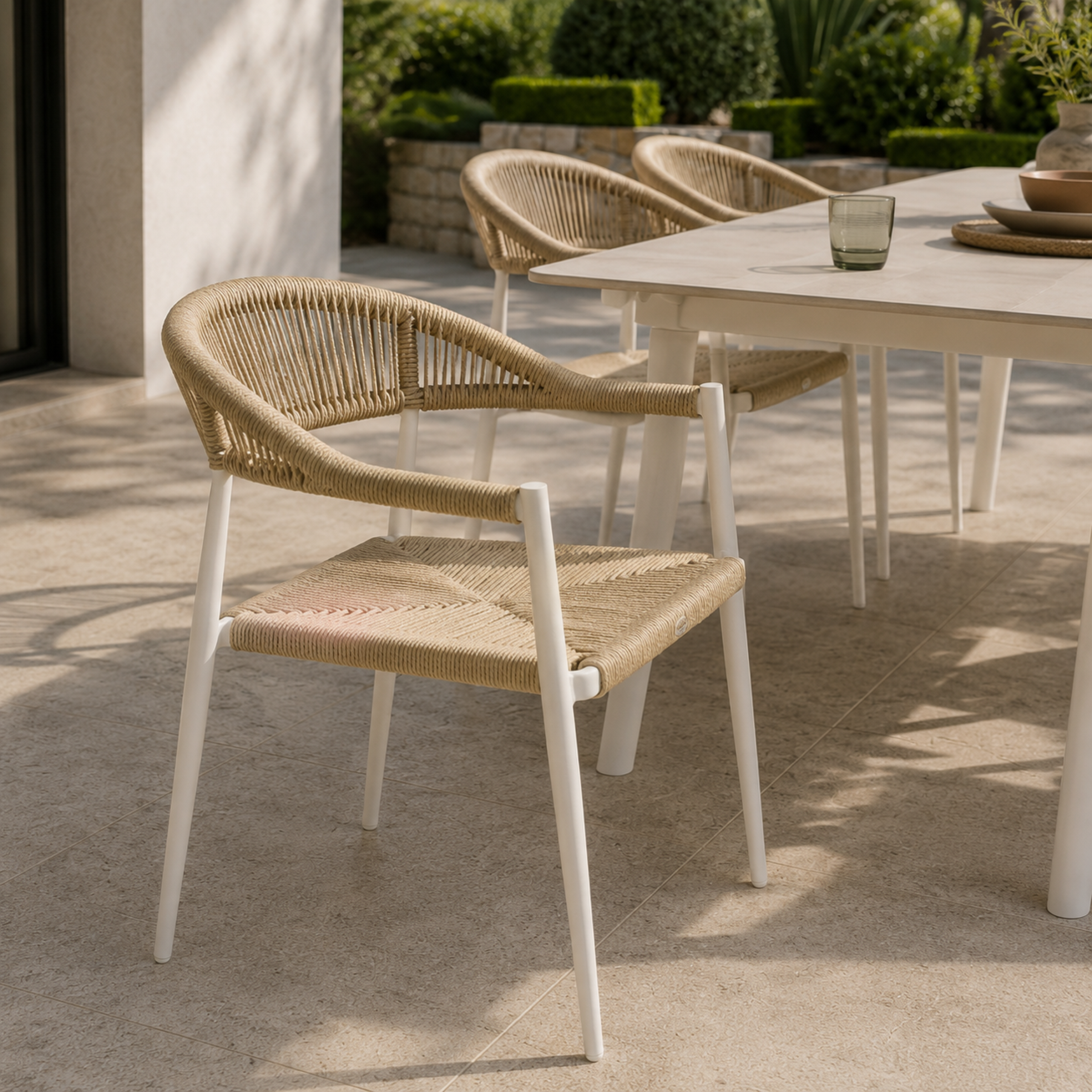Sedia da giardino con braccioli in alluminio bianco e corda PE naturale – Daniel – arredo esterno Gelsomino Home
