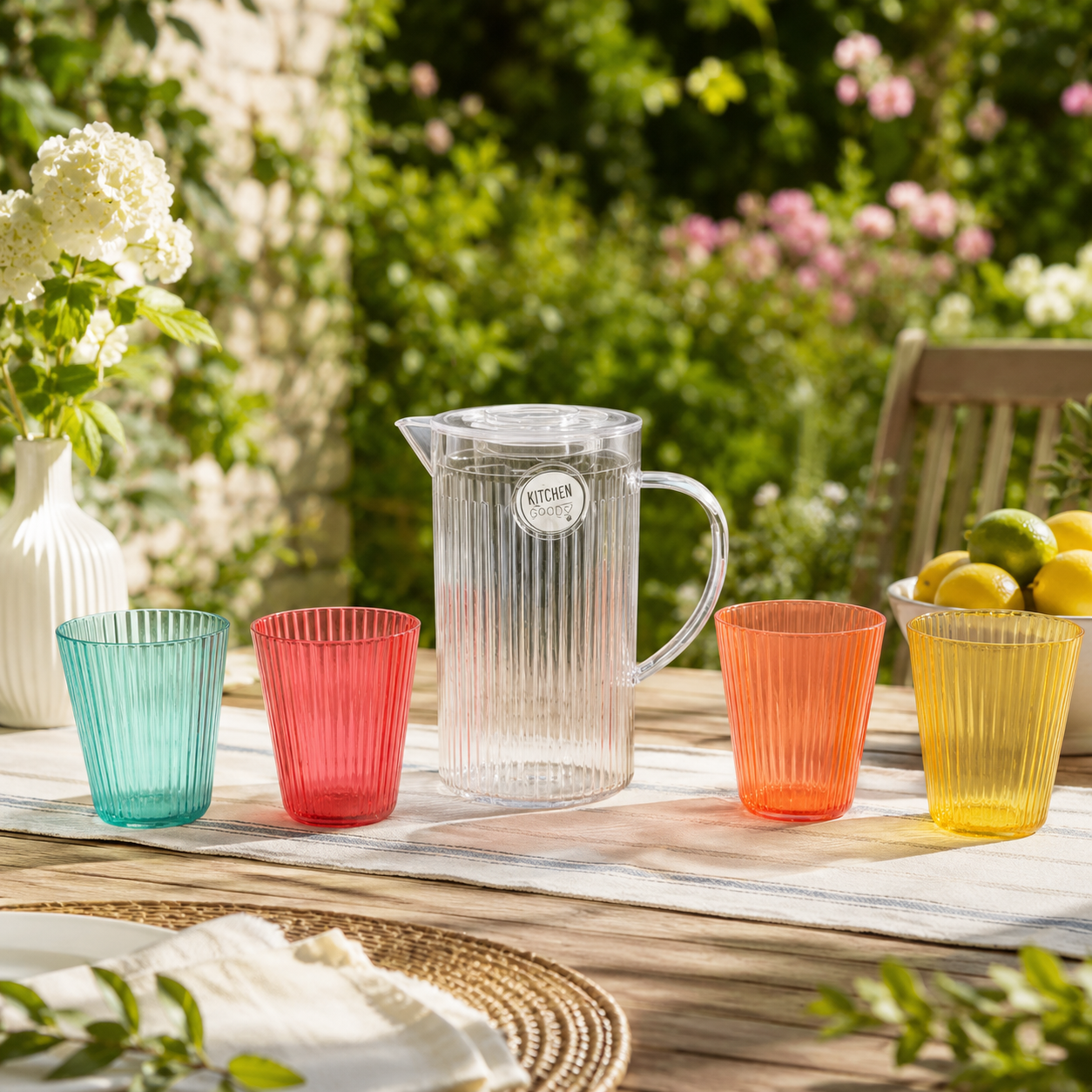 Set brocca e 4 bicchieri colorati in plastica alimentare – Stripe