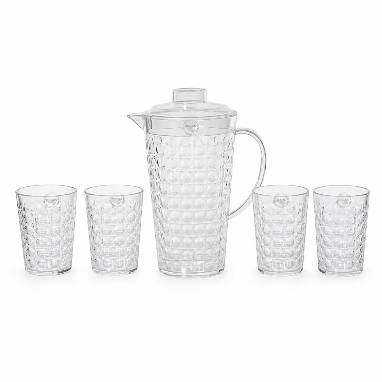 Set brocca e 4 bicchieri in acrilico trasparente effetto vetro con coperchio 2L – Brillen