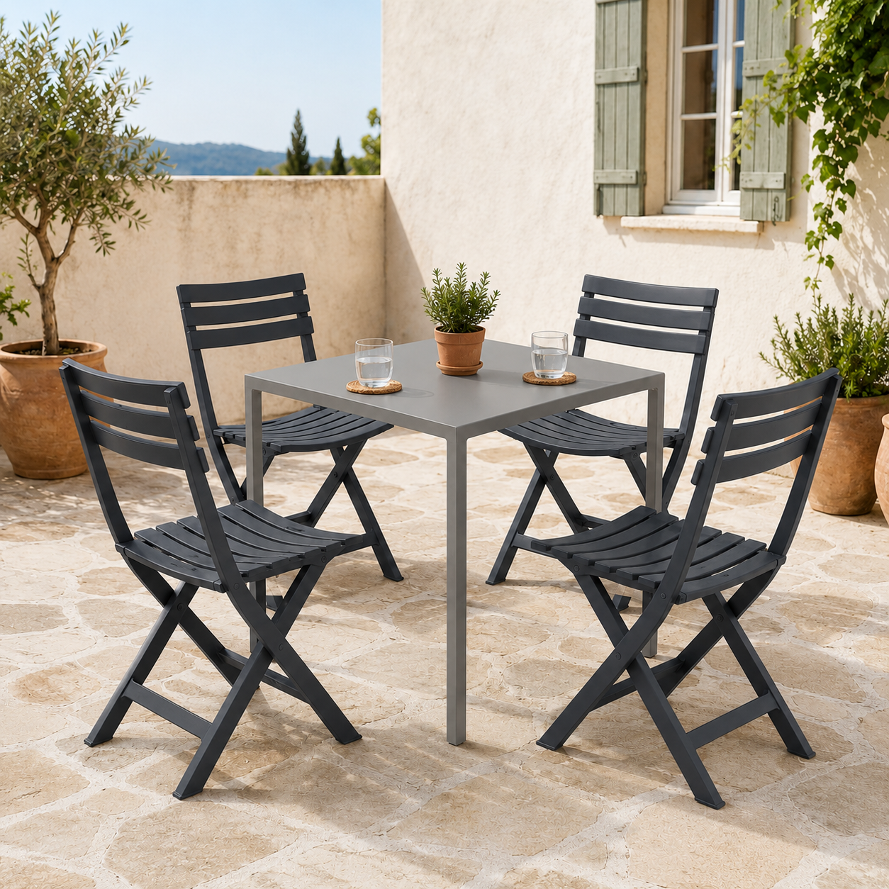 Tavolo da giardino quadrato autolivellante in metallo antracite 70x70 cm – Elma