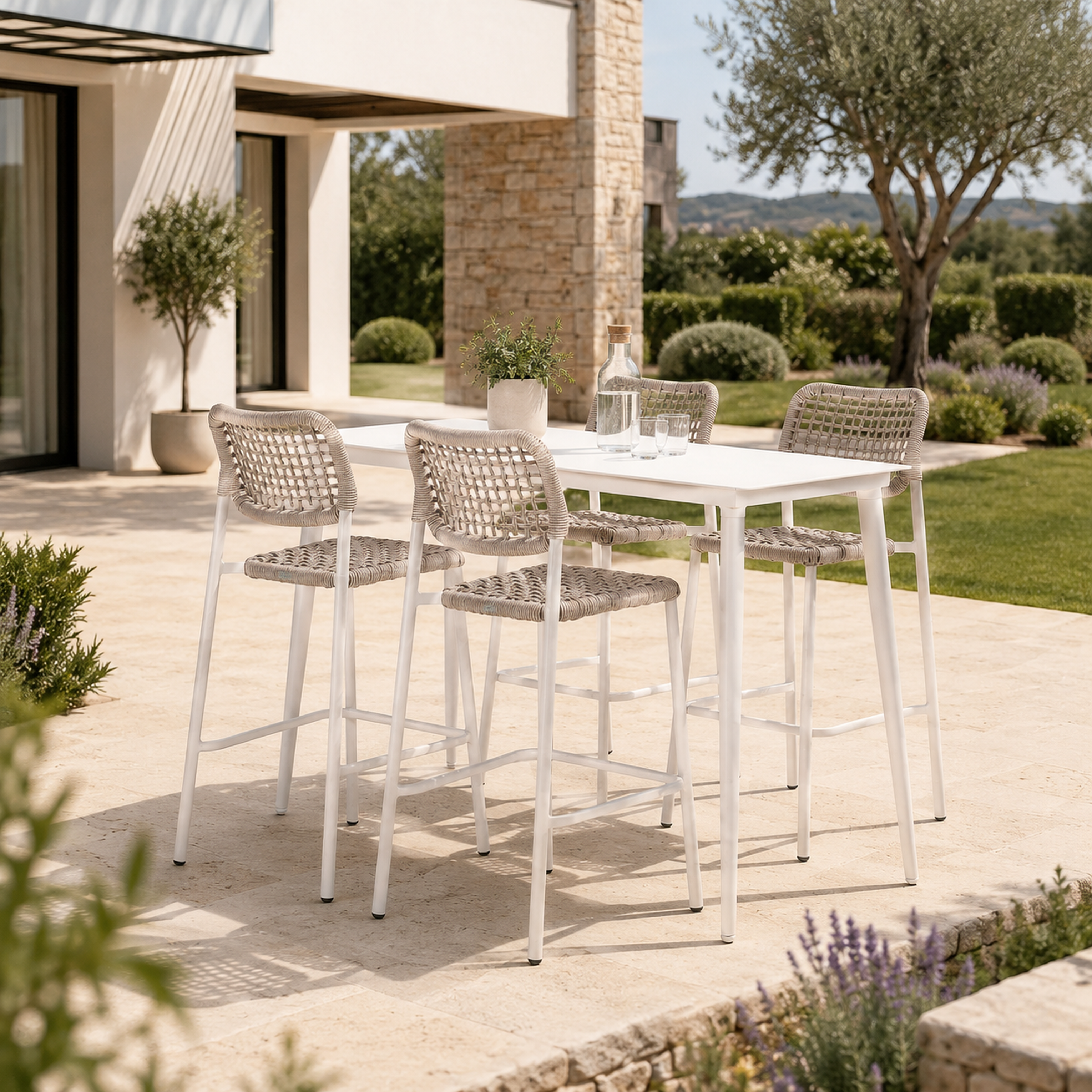 Sgabello bar da giardino in alluminio bianco e corda PE naturale – Simon