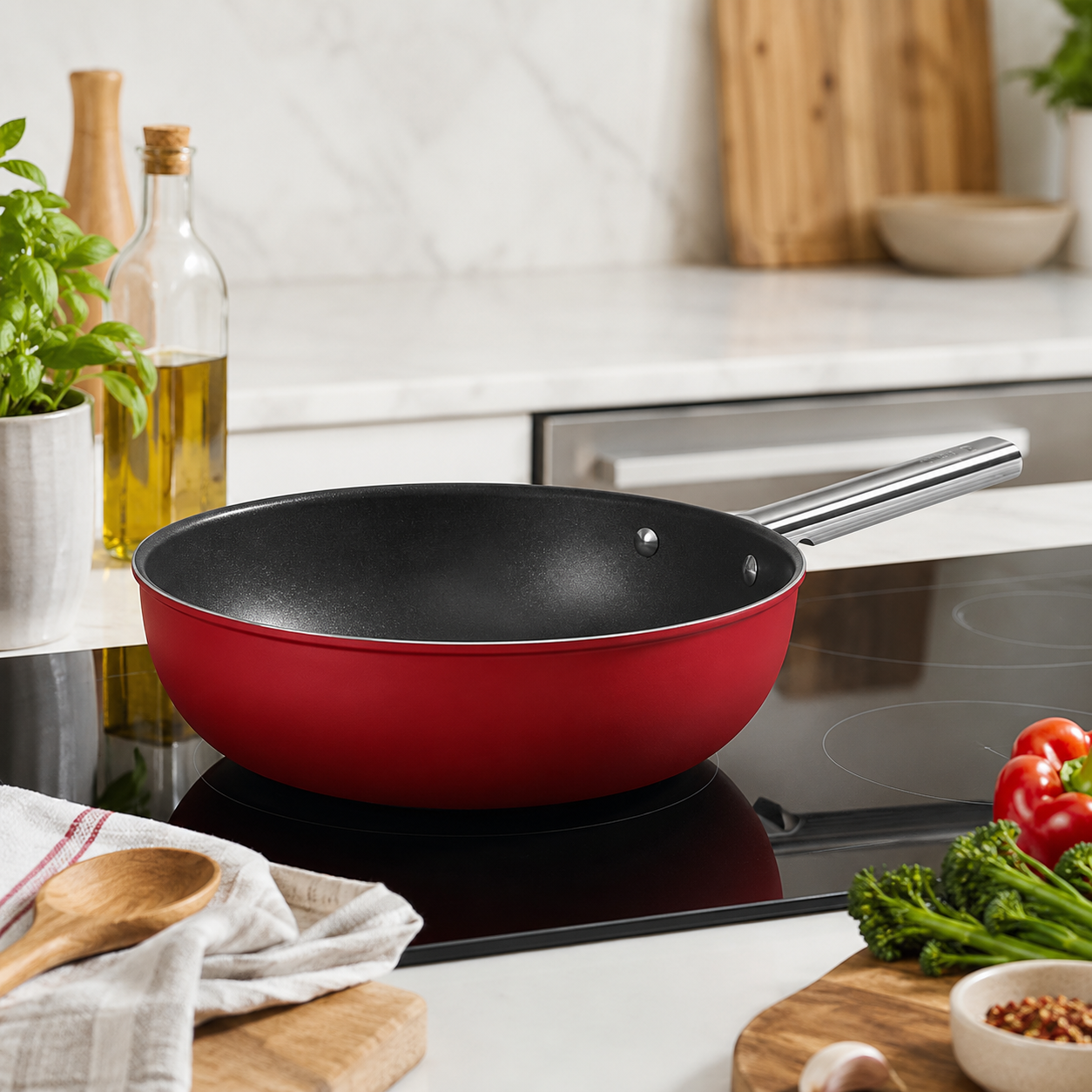 Wok antiaderente rosso 30 cm alluminio forgiato fondo radiante induzione – Smeg 50's Style
