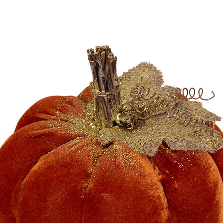 Zucca decorativa in velluto arancione con foglie dorate 19 cm