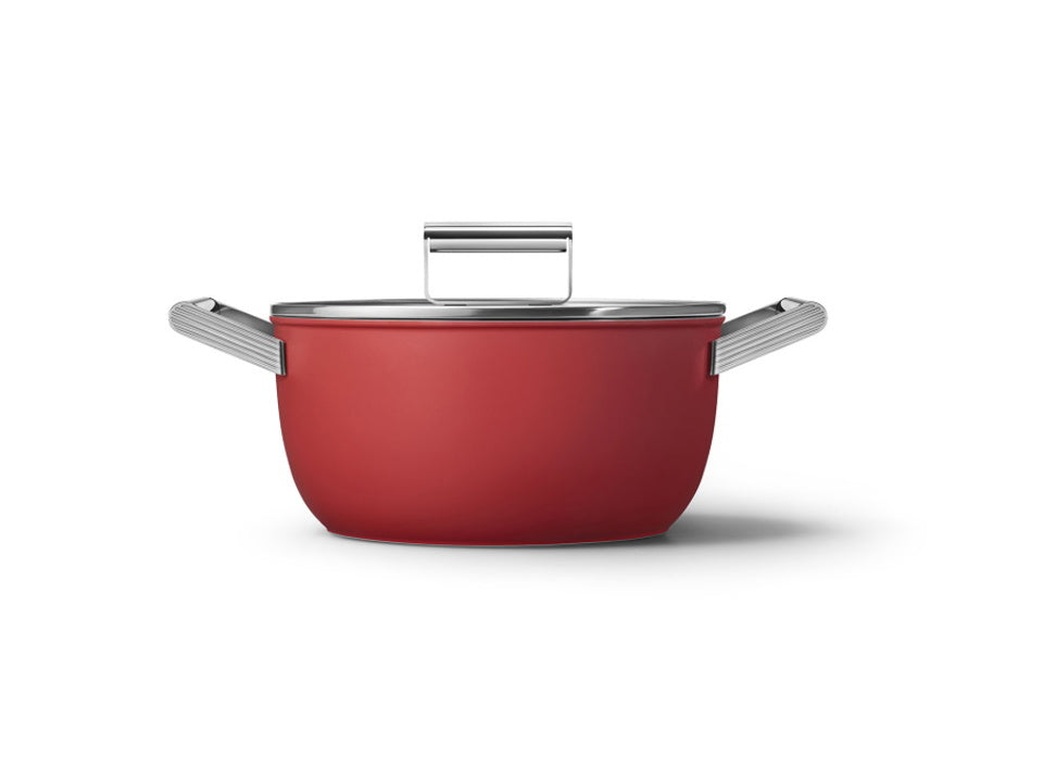 Casseruola bassa 2 manici rossa 24 cm con coperchio alluminio forgiato induzione – Smeg 50's Style