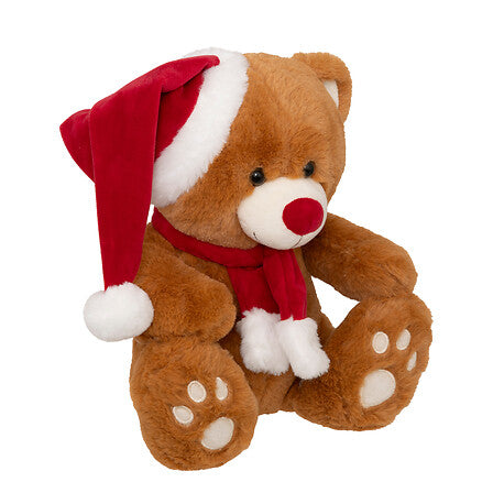Orso natalizio in peluche marrone con cappello e sciarpa 34 cm