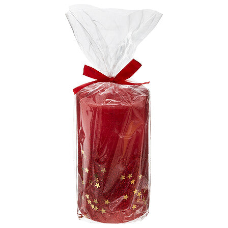 Candela natalizia cilindrica rossa con stelle oro – 7 × 12 cm
