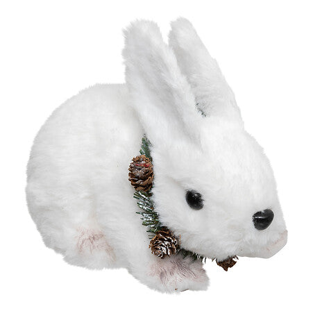 Coniglio natalizio bianco con ghirlanda e pigne – 14 cm