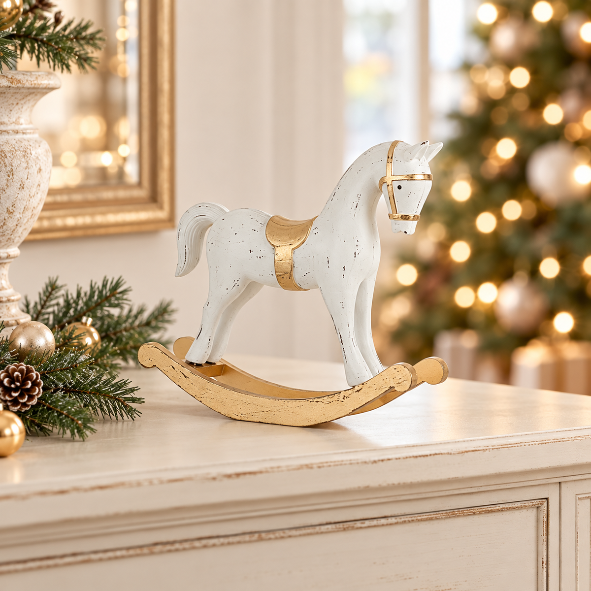 Cavallino a dondolo natalizio bianco e oro 26,5 cm – Mica Decorations