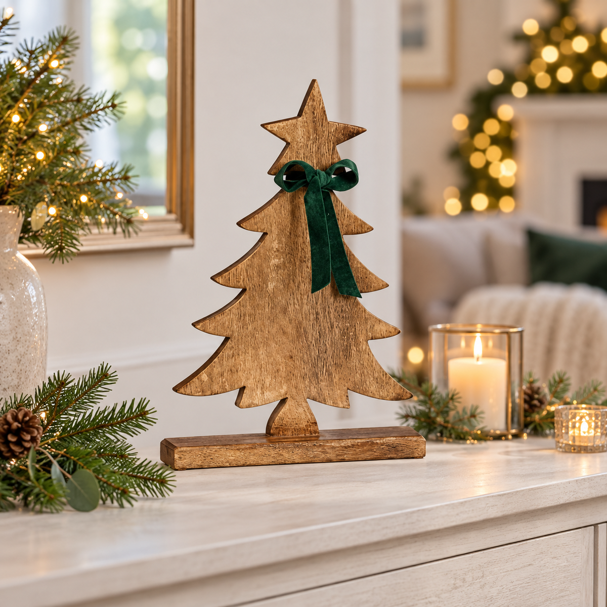 Albero natalizio in legno di mango con fiocco verde 42 cm – Mica Decorations