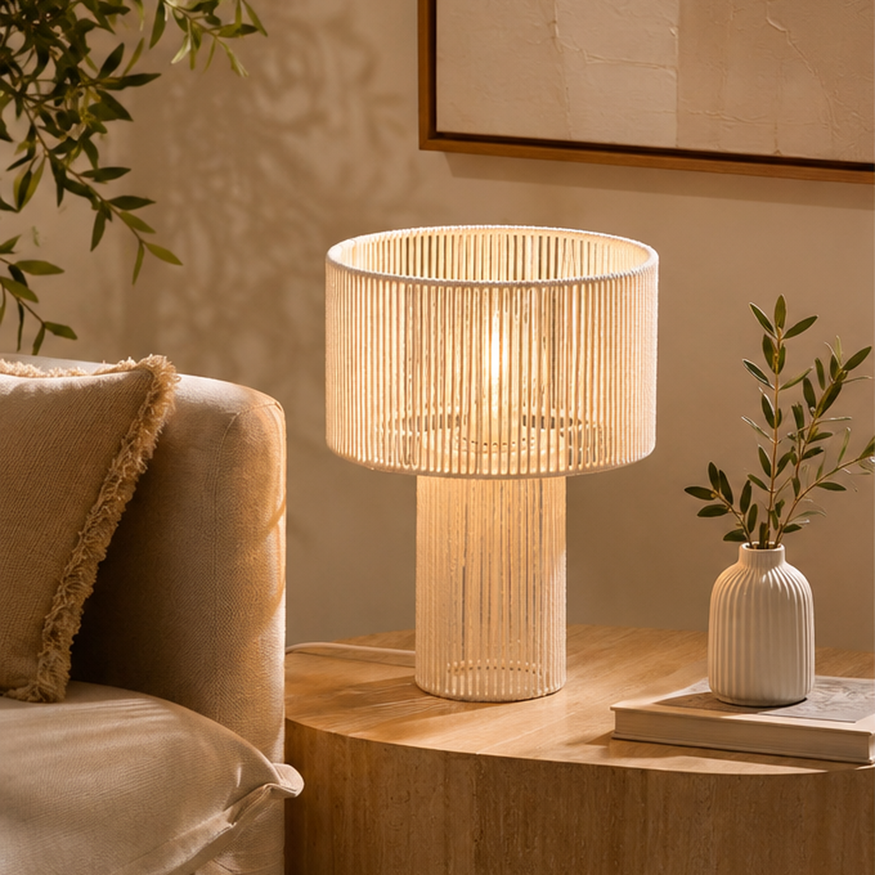 Lampada da tavolo traforata in acciaio e cotone bianco H34 cm – Miria