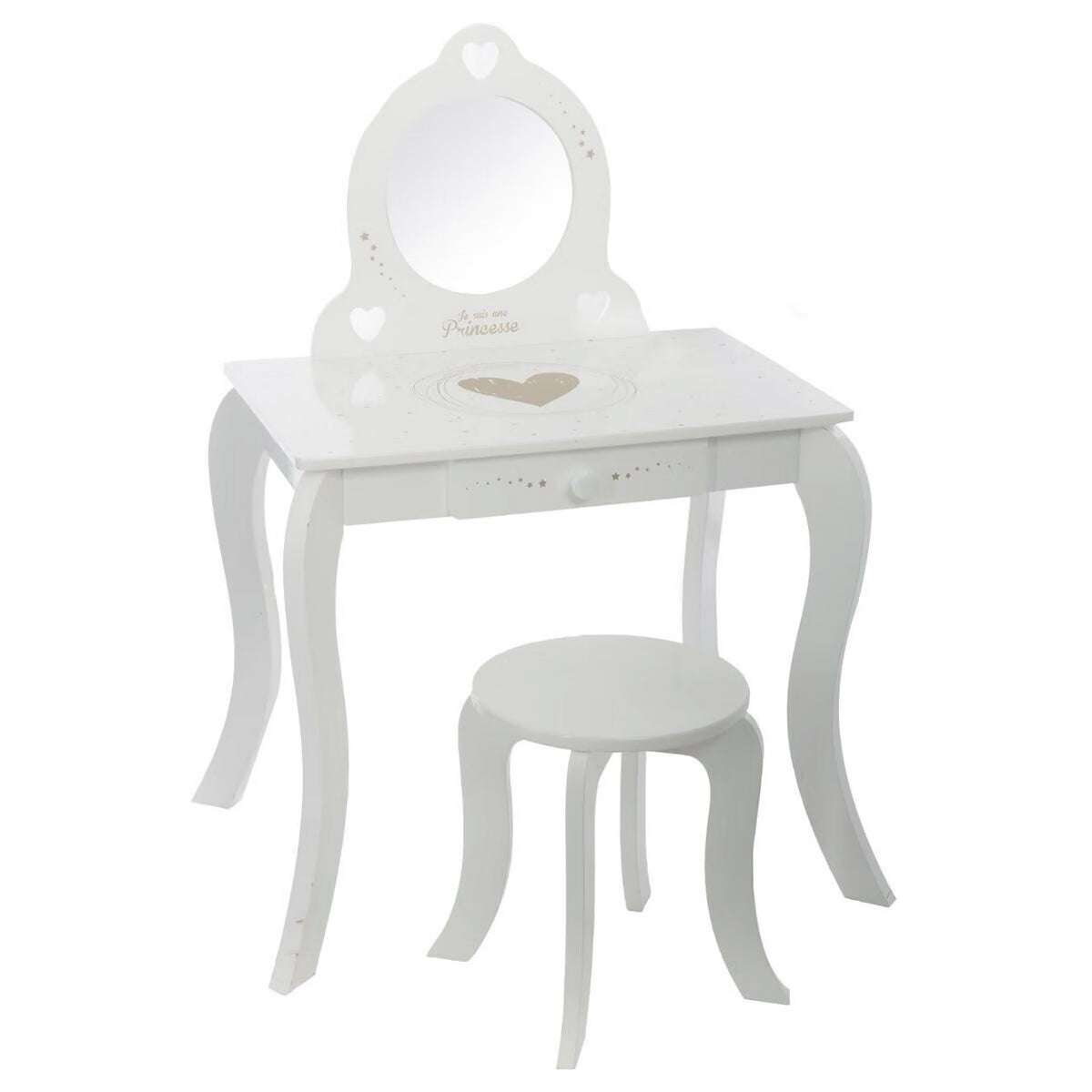 Set toeletta bambini con sgabello, specchio e cassetto in MDF bianco – Lili