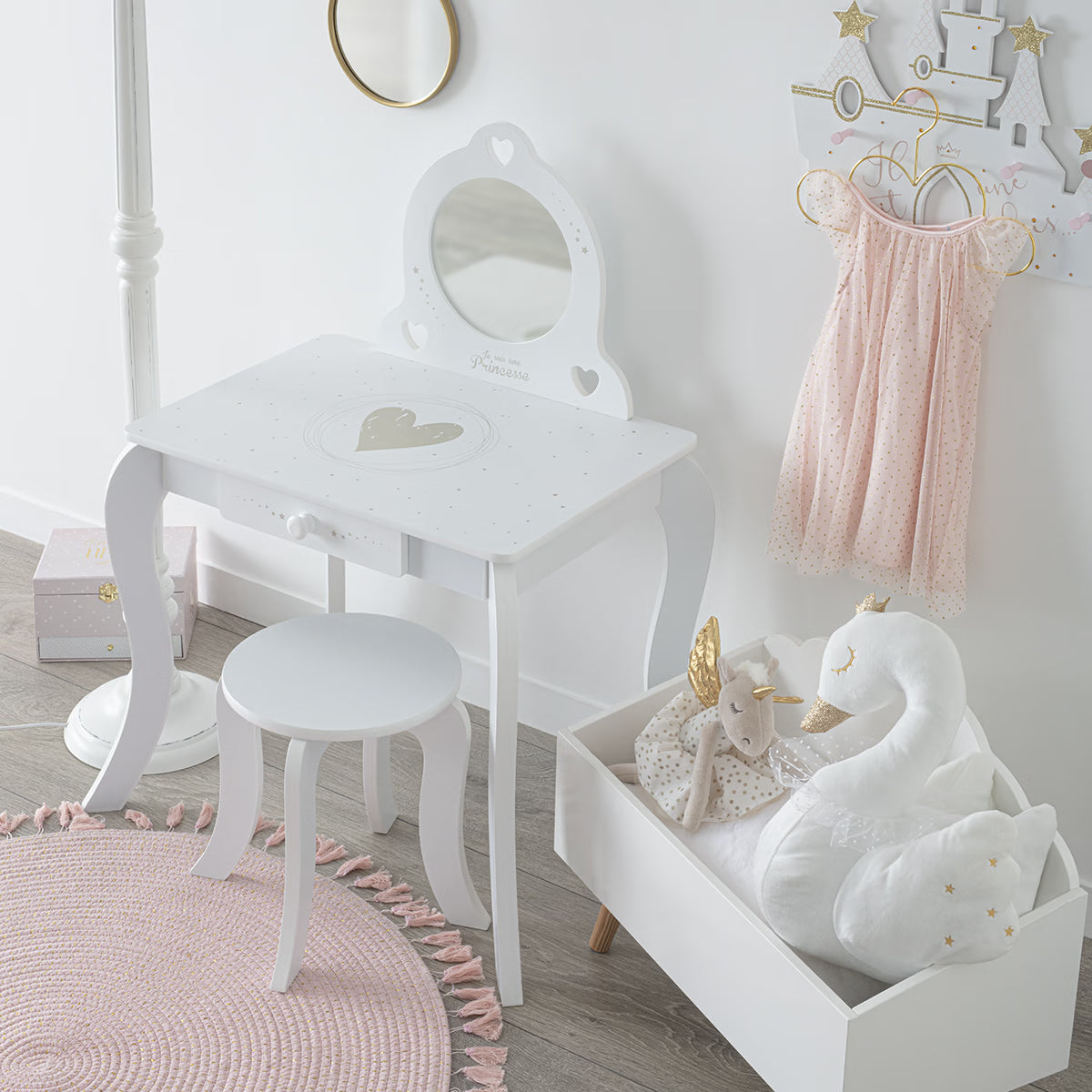 Set toeletta bambini con sgabello, specchio e cassetto in MDF bianco – Lili