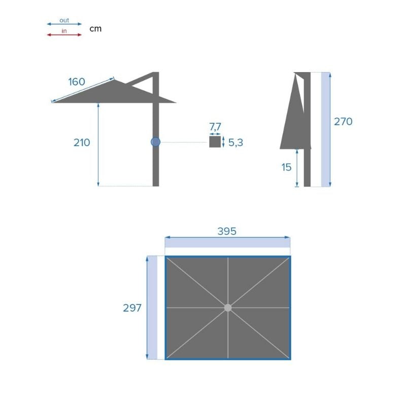 Ombrellone rettangolare a sbalzo Equador, colorazione grigio, in alluminio per arredo giardino