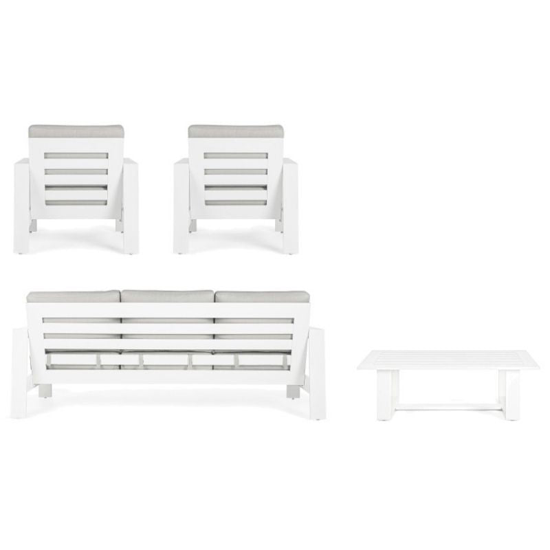 Salotto Baltic bianco in alluminio linea Bizzotto, divano 3 posti con poltrone e tavolino