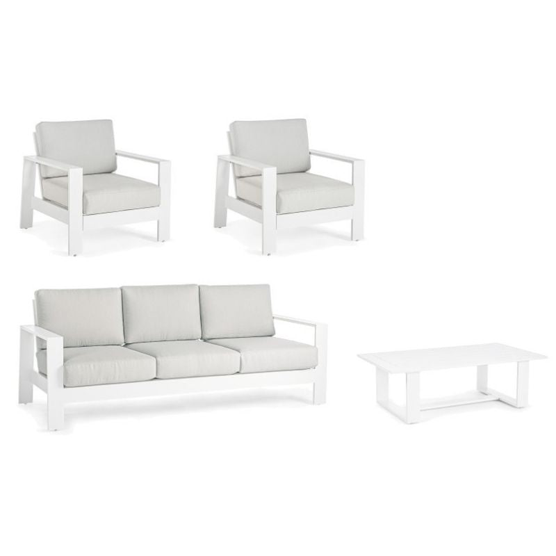 Salotto Baltic bianco in alluminio linea Bizzotto, divano 3 posti con poltrone e tavolino