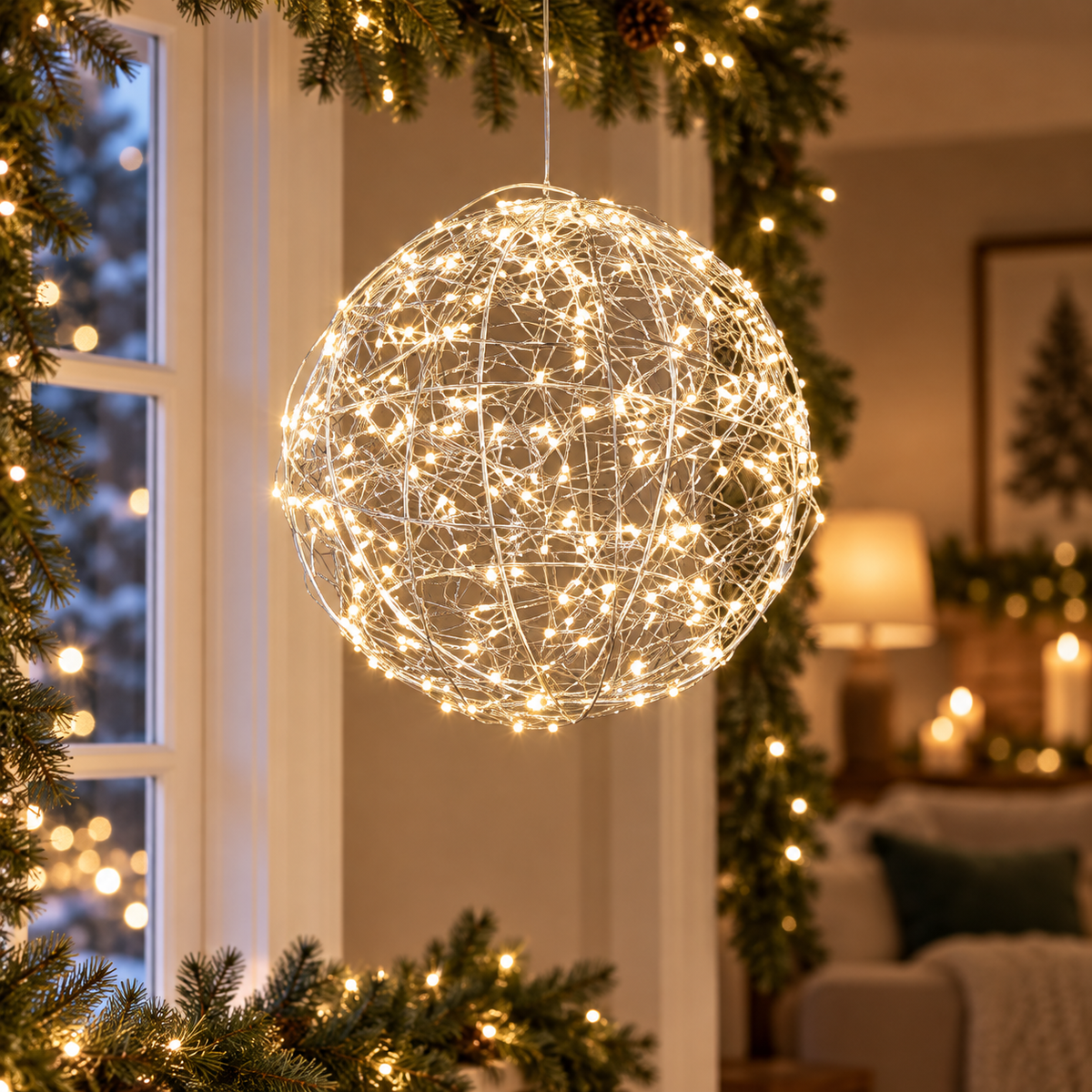 Sfera natalizia argento 25 cm con 300 micro LED e timer