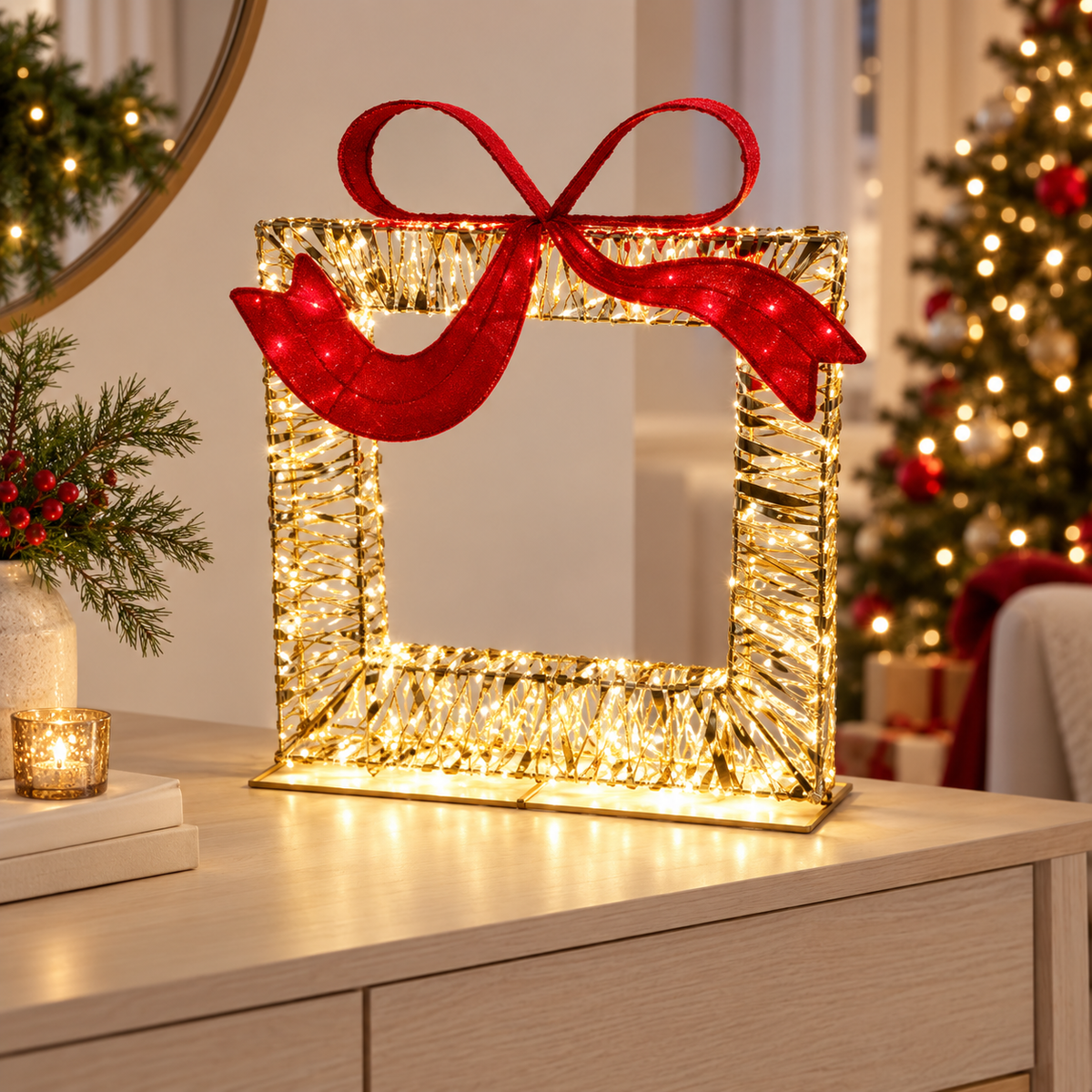 Regalo natalizio luminoso oro con fiocco rosso e 500 LED