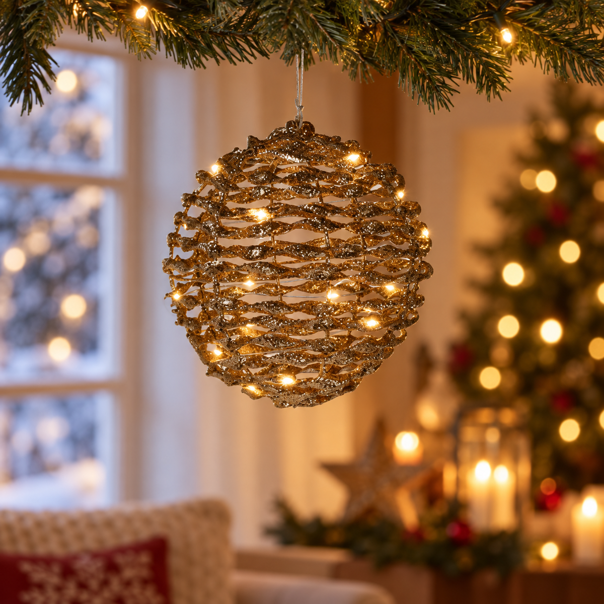 Sfera natalizia oro 15 cm con 20 micro LED e timer