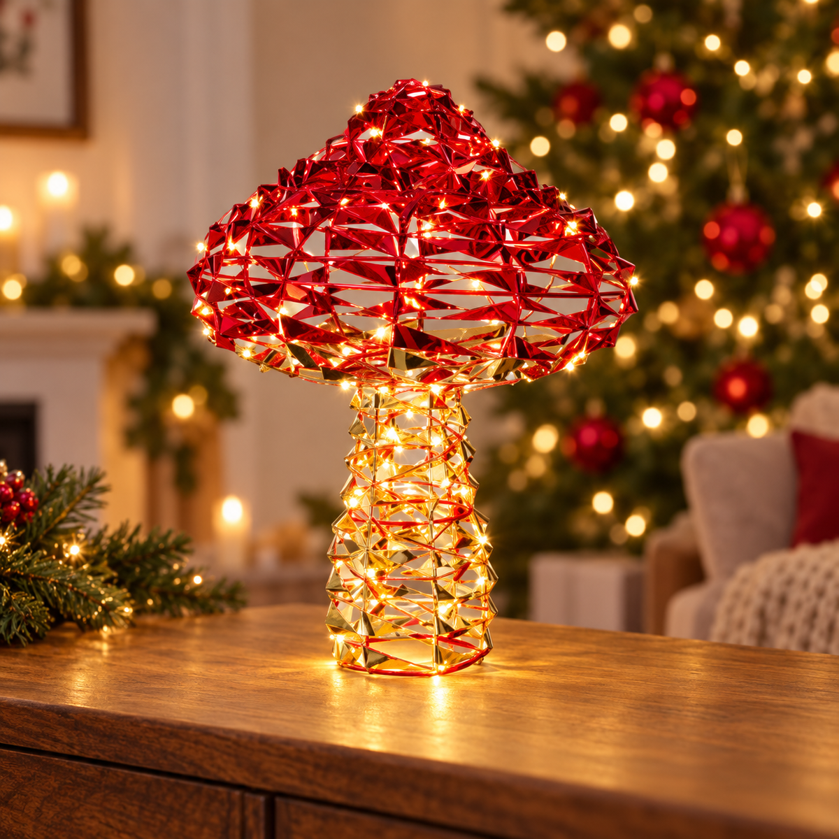 Fungo natalizio luminoso rosso e oro 37 cm con 100 LED
