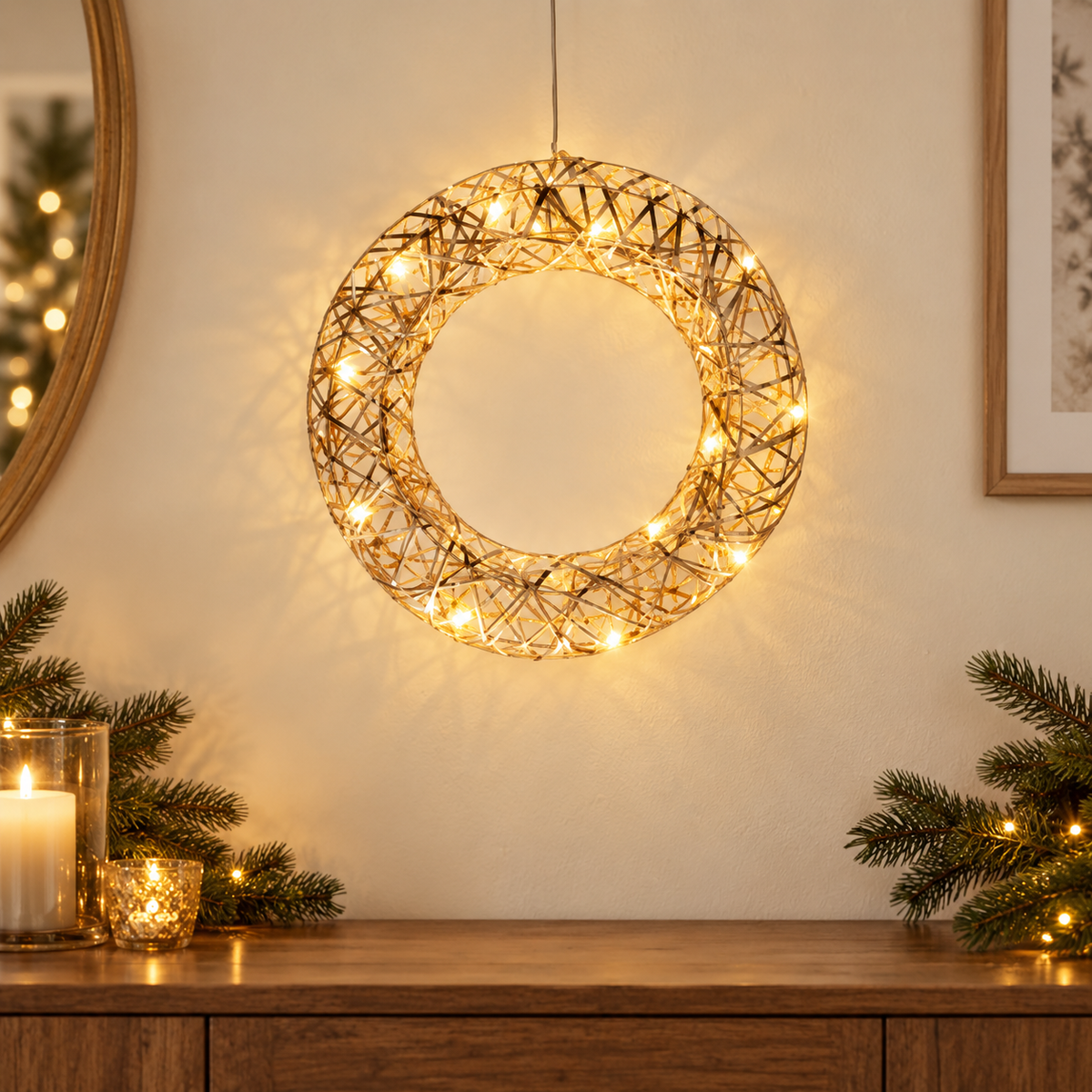 Corona natalizia luminosa champagne 30 cm con 20 LED
