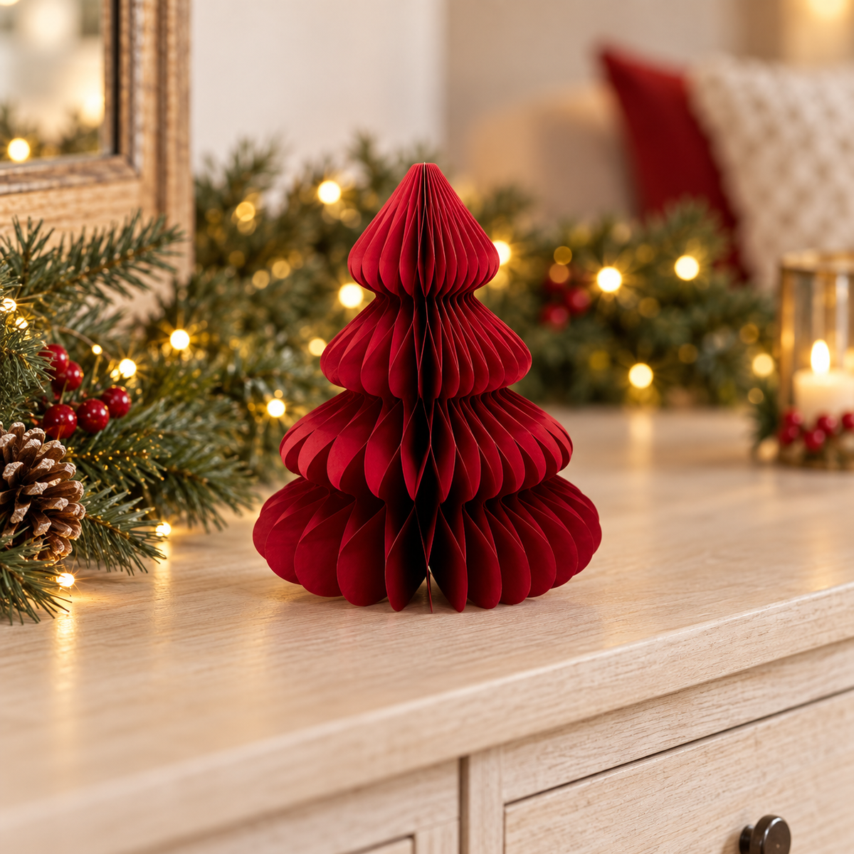 Albero natalizio in carta rossa a nido d’ape 20 cm