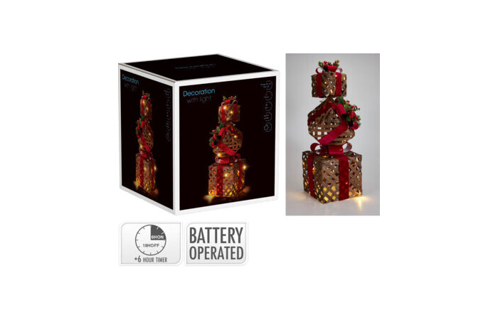 Scatole regalo natalizie impilate 73 cm con 45 LED e fiocchi rossi