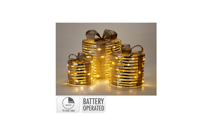 Set 3 scatole regalo tonde oro con LED e timer