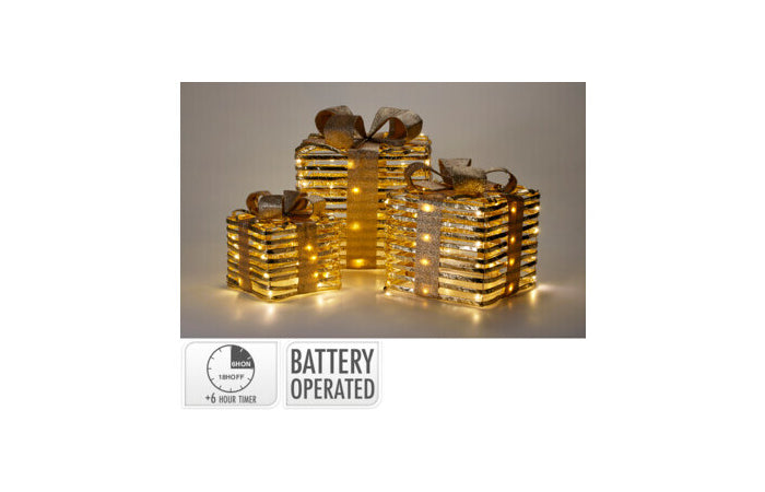 Set 3 scatole regalo natalizie oro con LED e timer