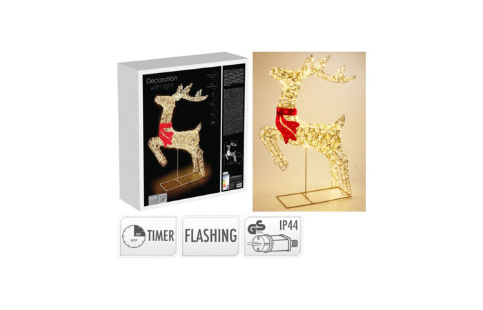 Renna natalizia luminosa oro 88 cm con fiocco rosso e 720 LED