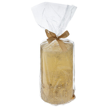 Candela natalizia cilindrica oro con stelle – 7 × 12 cm