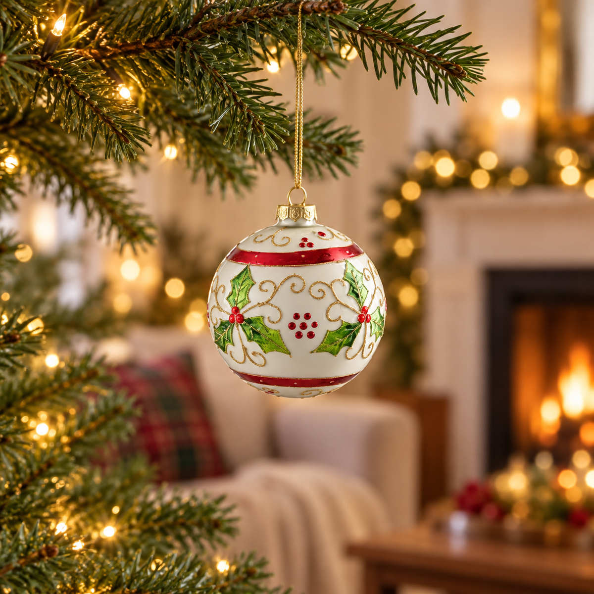 Pallina di Natale in vetro bianco con agrifoglio 10 cm – Mica Decorations