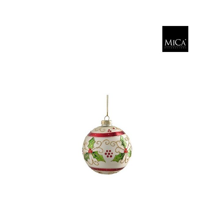 Pallina di Natale in vetro bianco con agrifoglio 10 cm – Mica Decorations