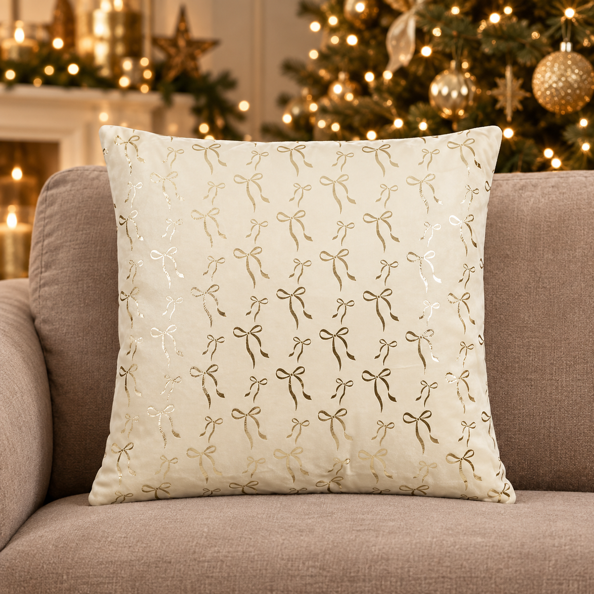 Cuscino natalizio crema con fiocchi dorati 45 × 45 cm – Mica Decorations