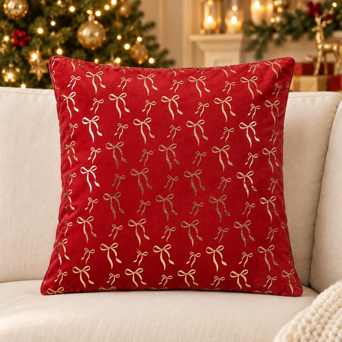 Cuscino natalizio rosso con fiocchi dorati 45 × 45 cm – Mica Decorations