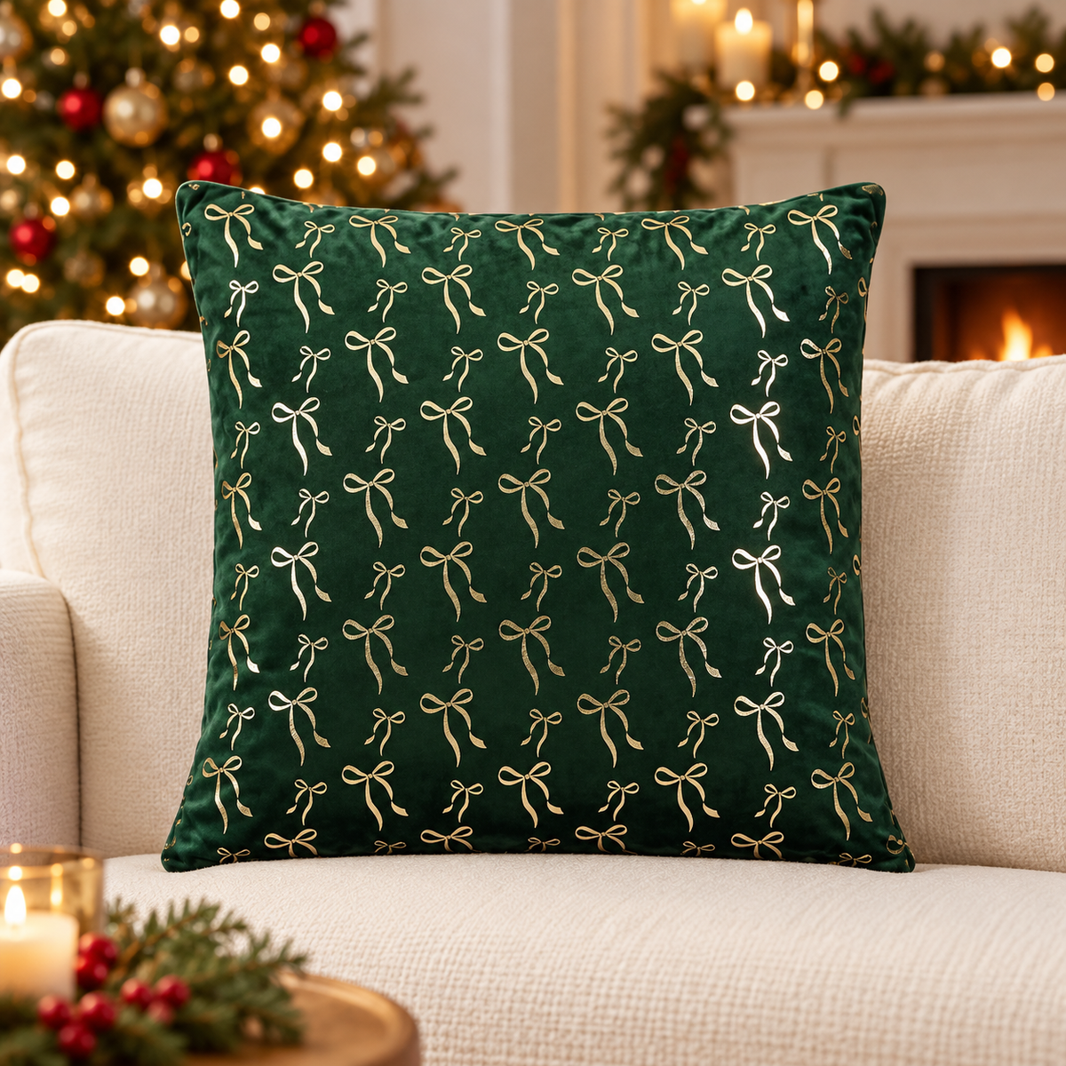 Cuscino natalizio verde con fiocchi dorati 45 × 45 cm – Mica Decorations