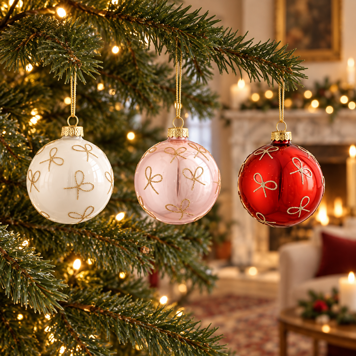 Pallina di Natale in vetro con fiocchi dorati 8 cm – Mica Decorations