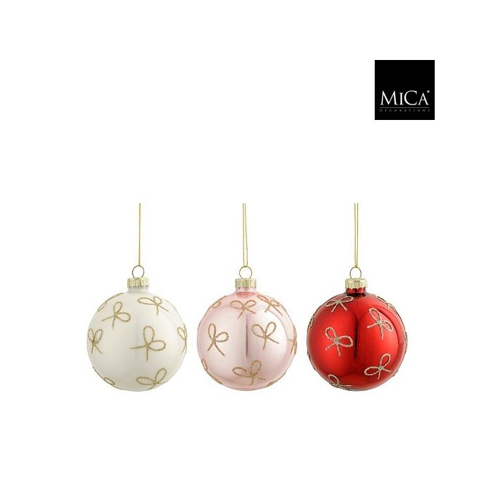 Pallina di Natale in vetro con fiocchi dorati 8 cm – Mica Decorations