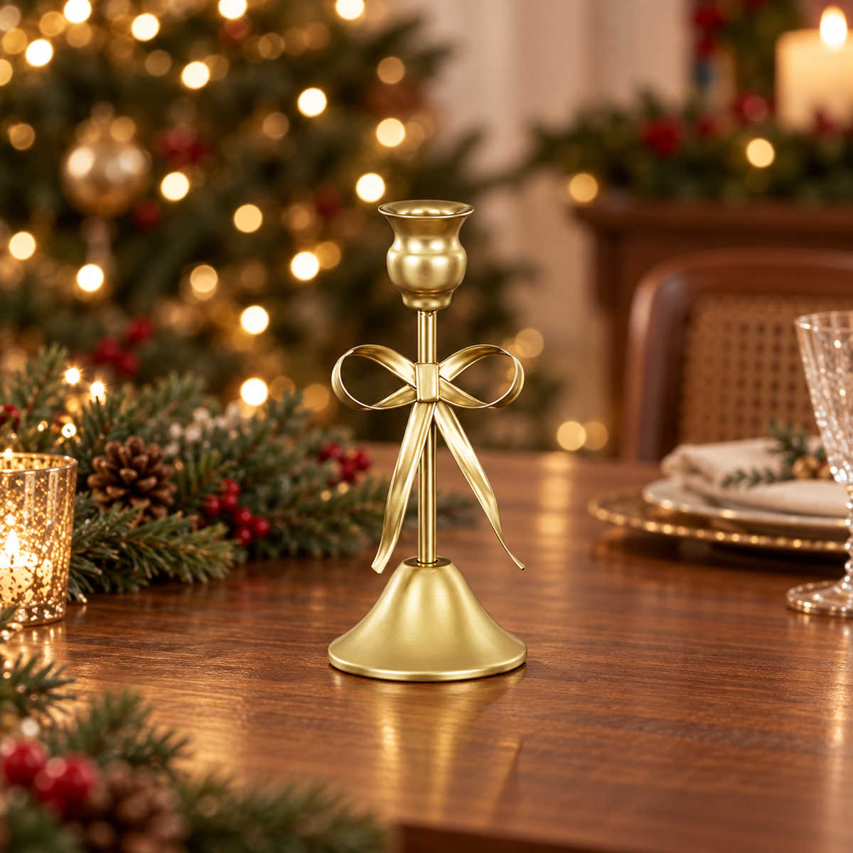 Portacandela natalizio dorato con fiocco 20,5 cm – Mica Decorations