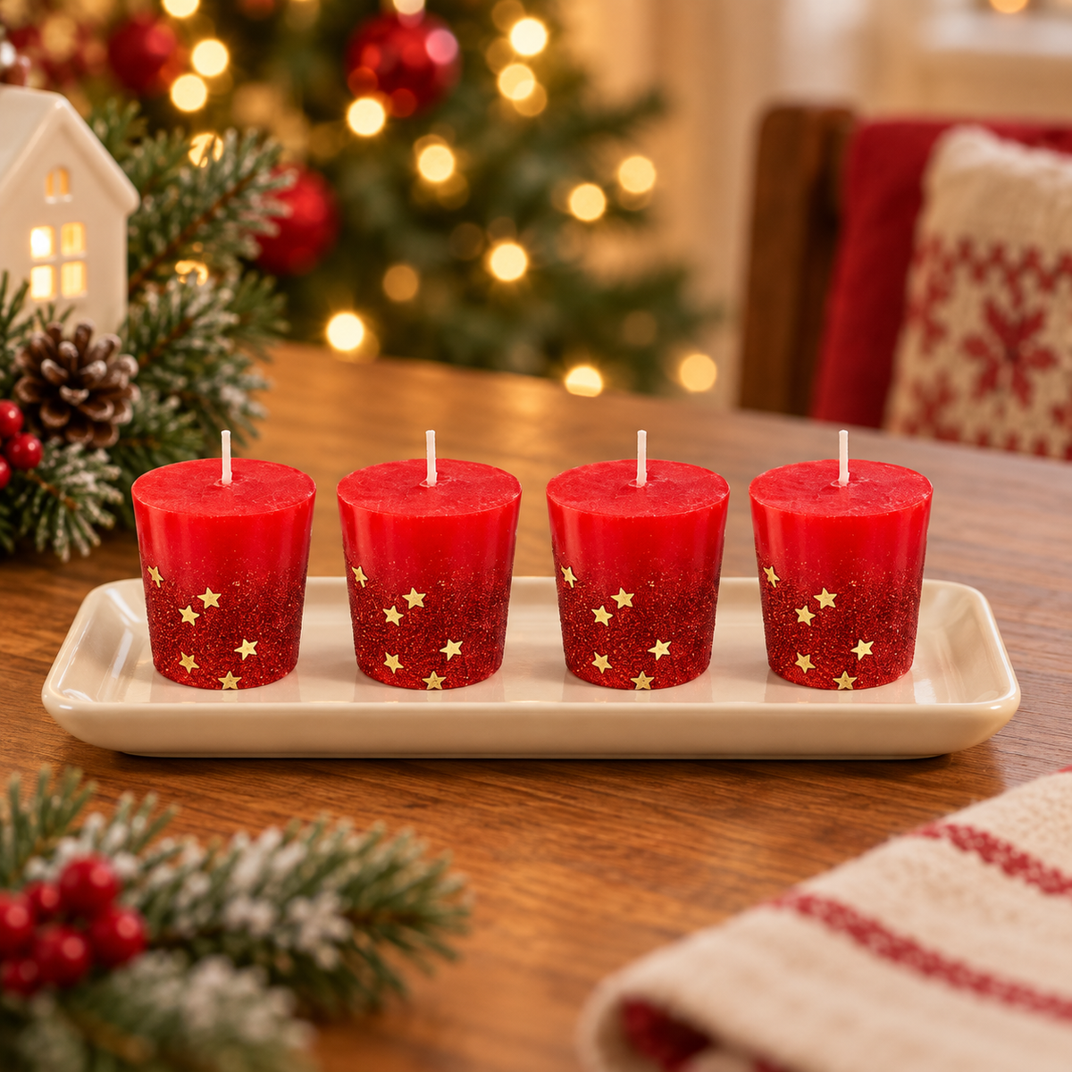 Candele votive natalizie rosse con stelle oro – set da 4