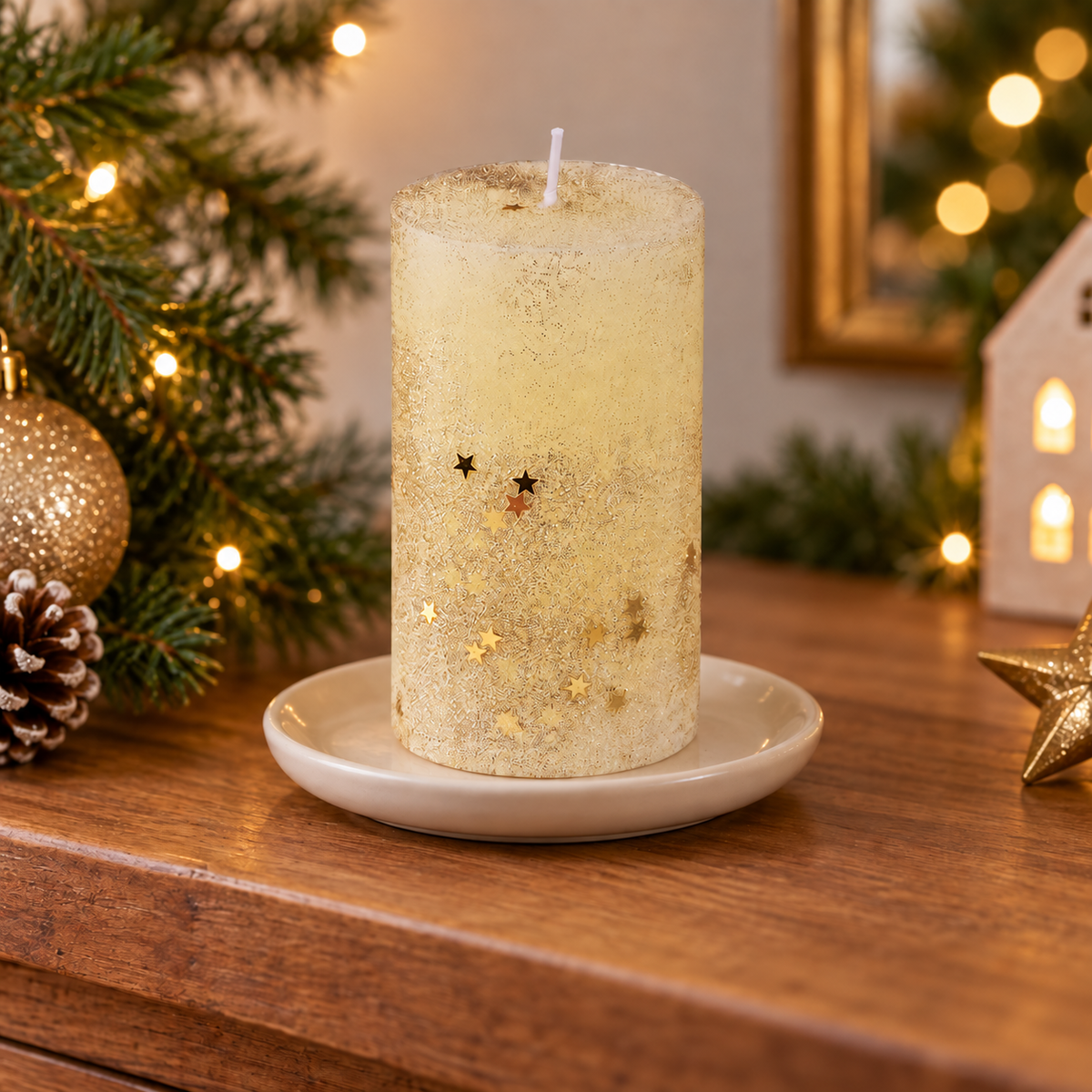 Candela natalizia cilindrica oro con stelle – 7 × 12 cm