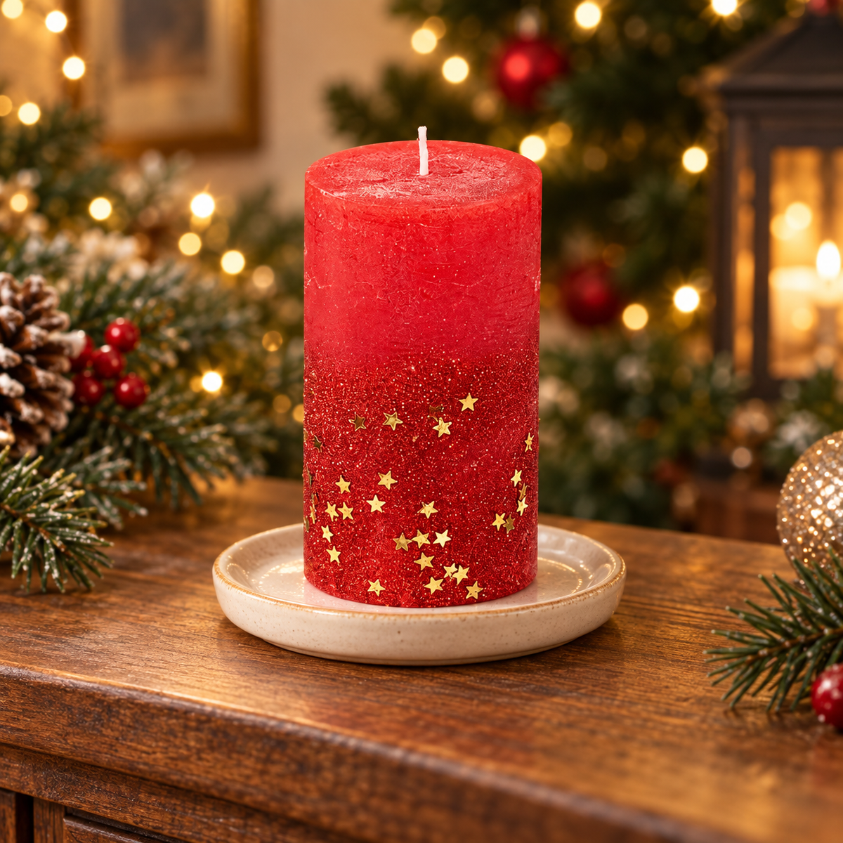 Candela natalizia cilindrica rossa con stelle oro – 7 × 12 cm
