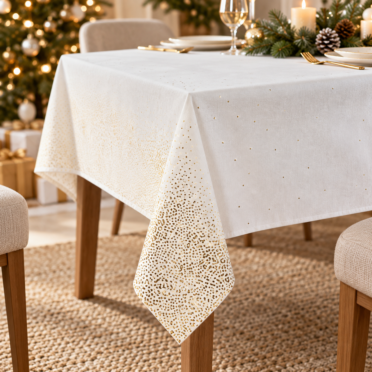 Tovaglia natalizia bianca e oro stampa leopardo – 140 × 240 cm