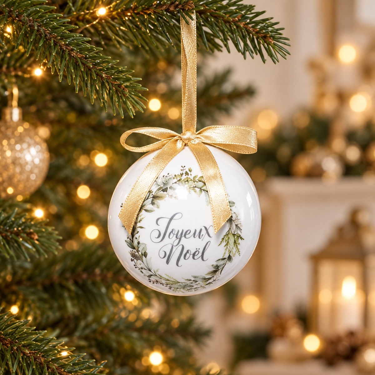 Pallina di Natale Joyeux Noël con fiocco oro – Ø 7,5 cm