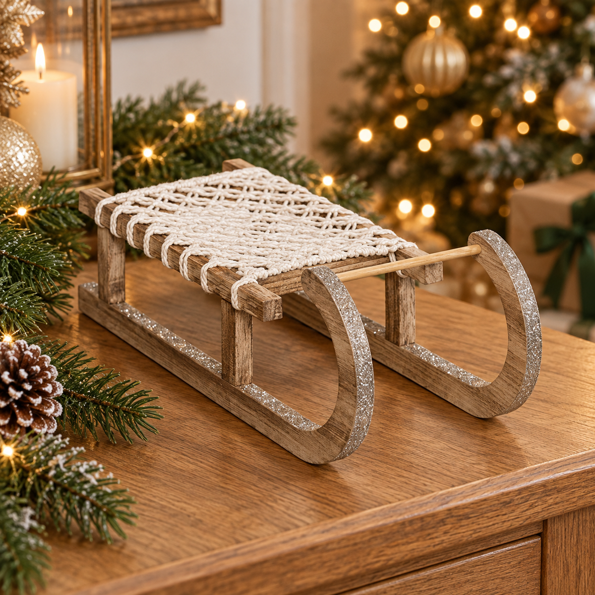 Slitta natalizia decorativa in MDF e corda – lunghezza 40 cm