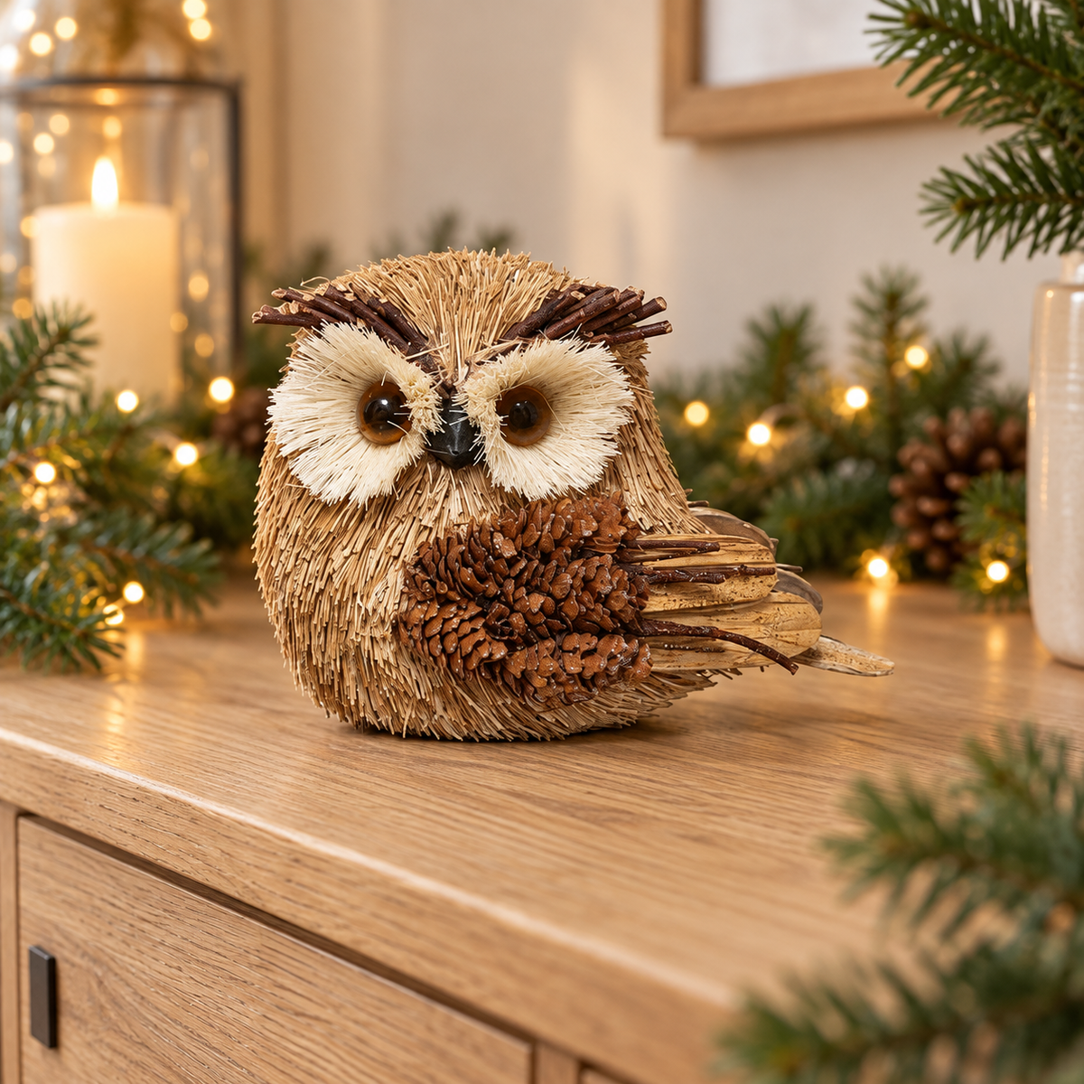 Gufo natalizio decorativo naturale con pigna – 15 cm