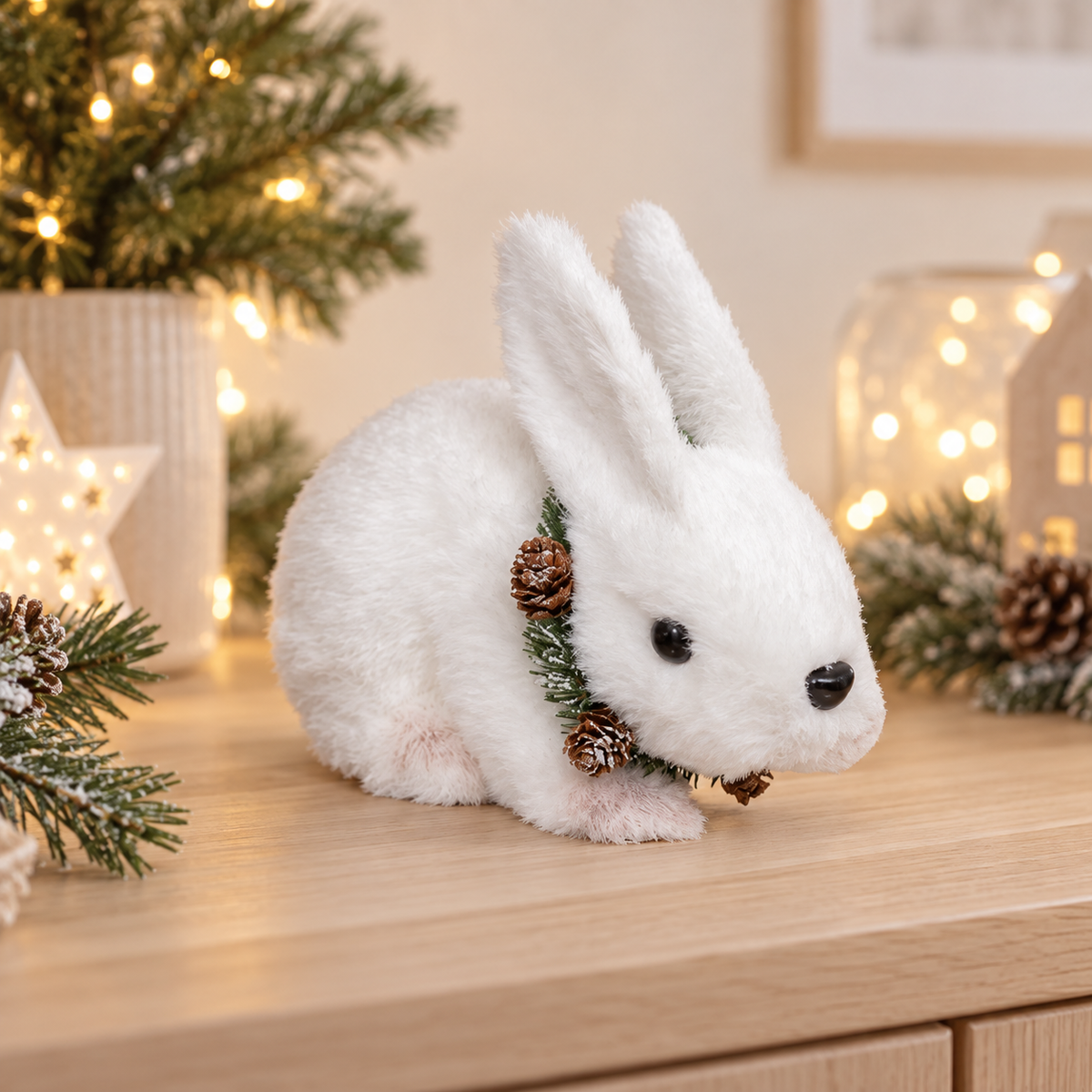 Coniglio natalizio bianco con ghirlanda e pigne – 14 cm