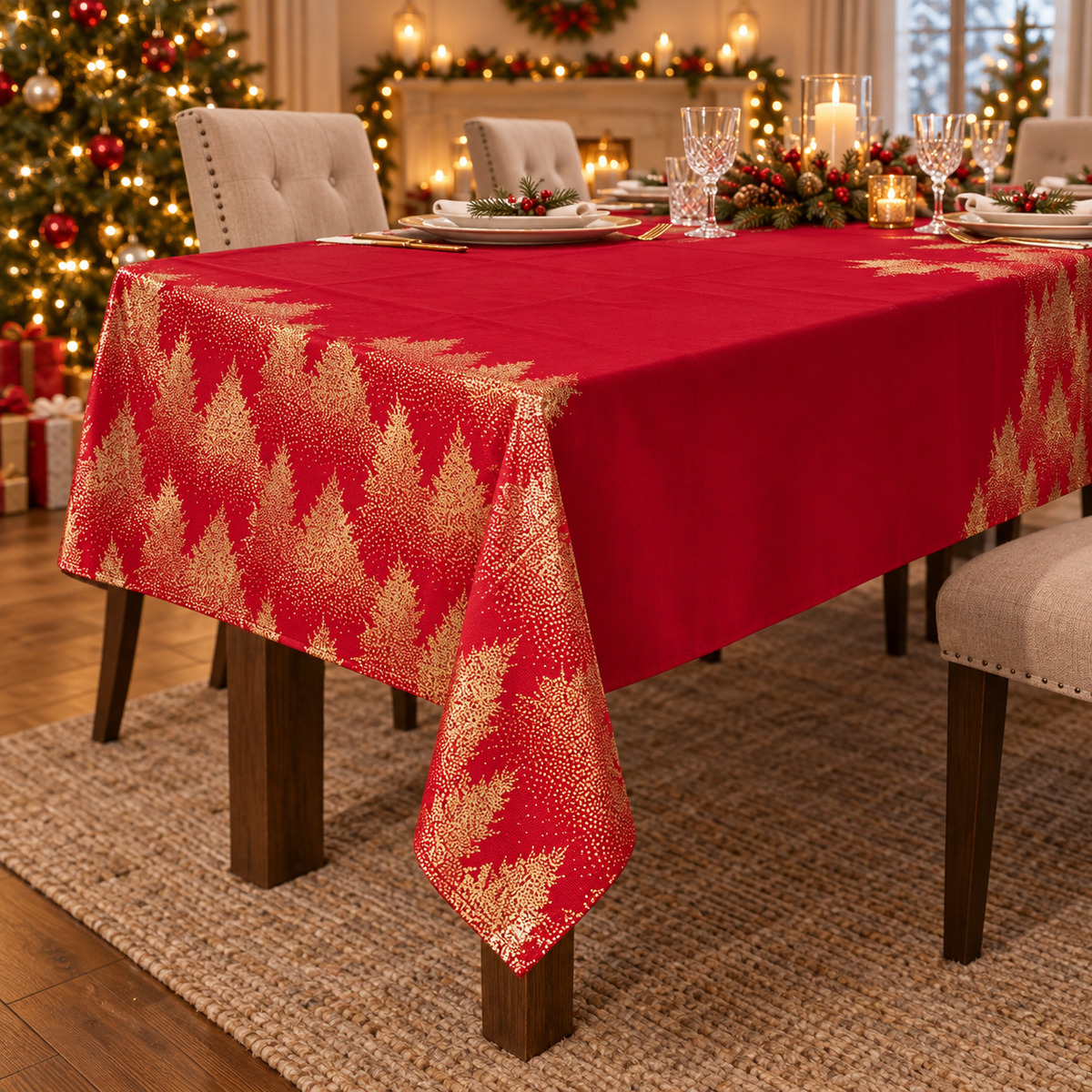 Tovaglia natalizia rossa con alberi dorati 140 × 360 cm