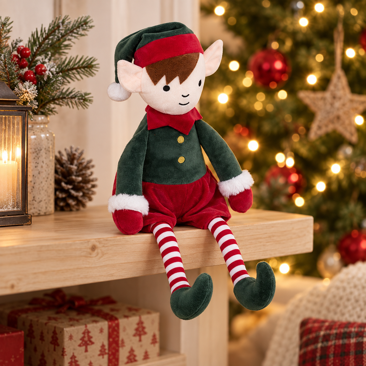 Peluche elfo natalizio verde e rosso – 35 cm