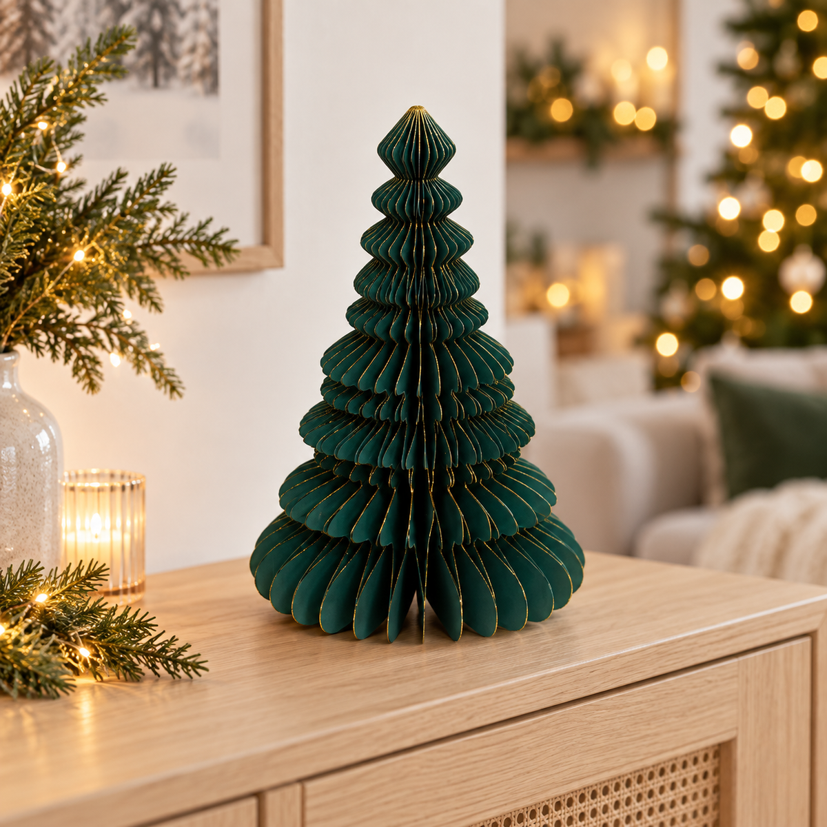 Albero di Natale decorativo in carta verde e oro – 30 cm